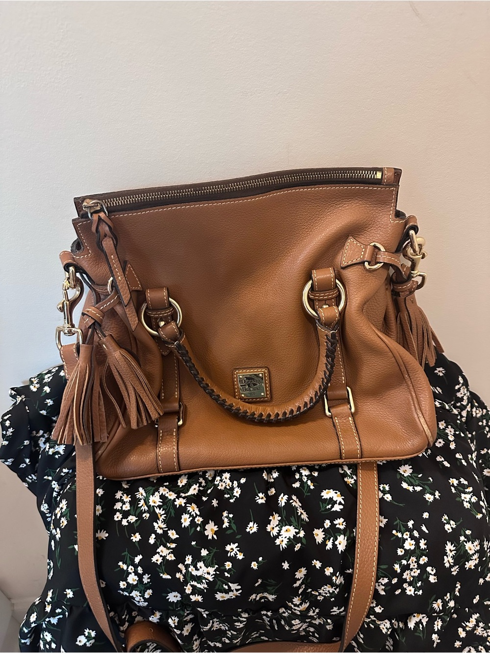 Brown Leather Shoulder Tote with Tassel Detail